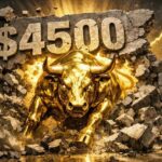 金価格4500 ドル突破を象徴する、壁を突き破る黄金の雄牛（ブル）のイラスト