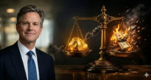 반에크 전문가의 금가격 전망과 화폐 가치 몰락을 상징하는 저울과 불타는 지폐 이미지.