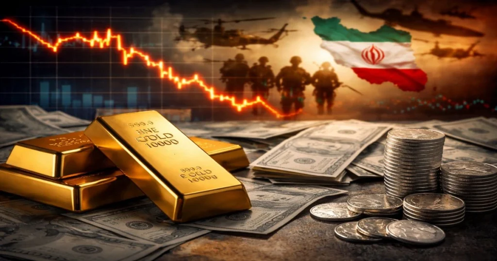 중동 긴장과 달러 약세 속에서 국제 금값과 은값이 흔들리는 장면을 상징적으로 표현한 이미지